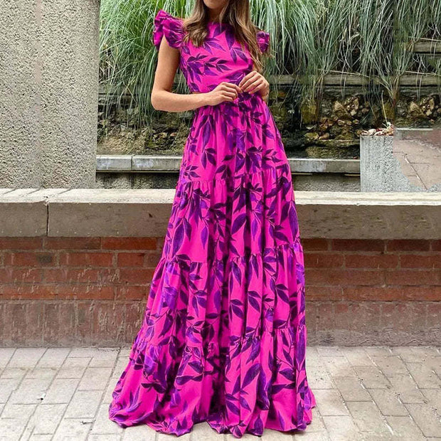 Damen Boho Maxikleid mit voluminösen Rüschenärmeln und gestuftem Rock WW