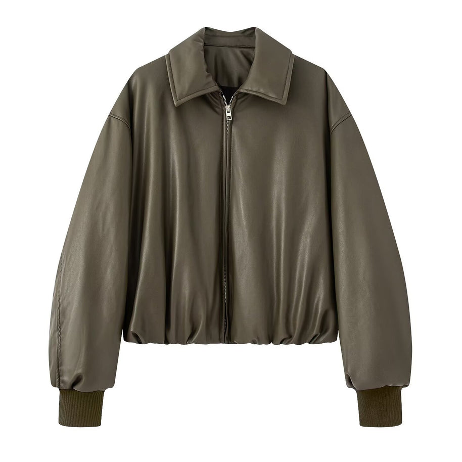 Damen Steppjacke aus Kunstleder mit hohem Kragen und elastischem Bündchen WW