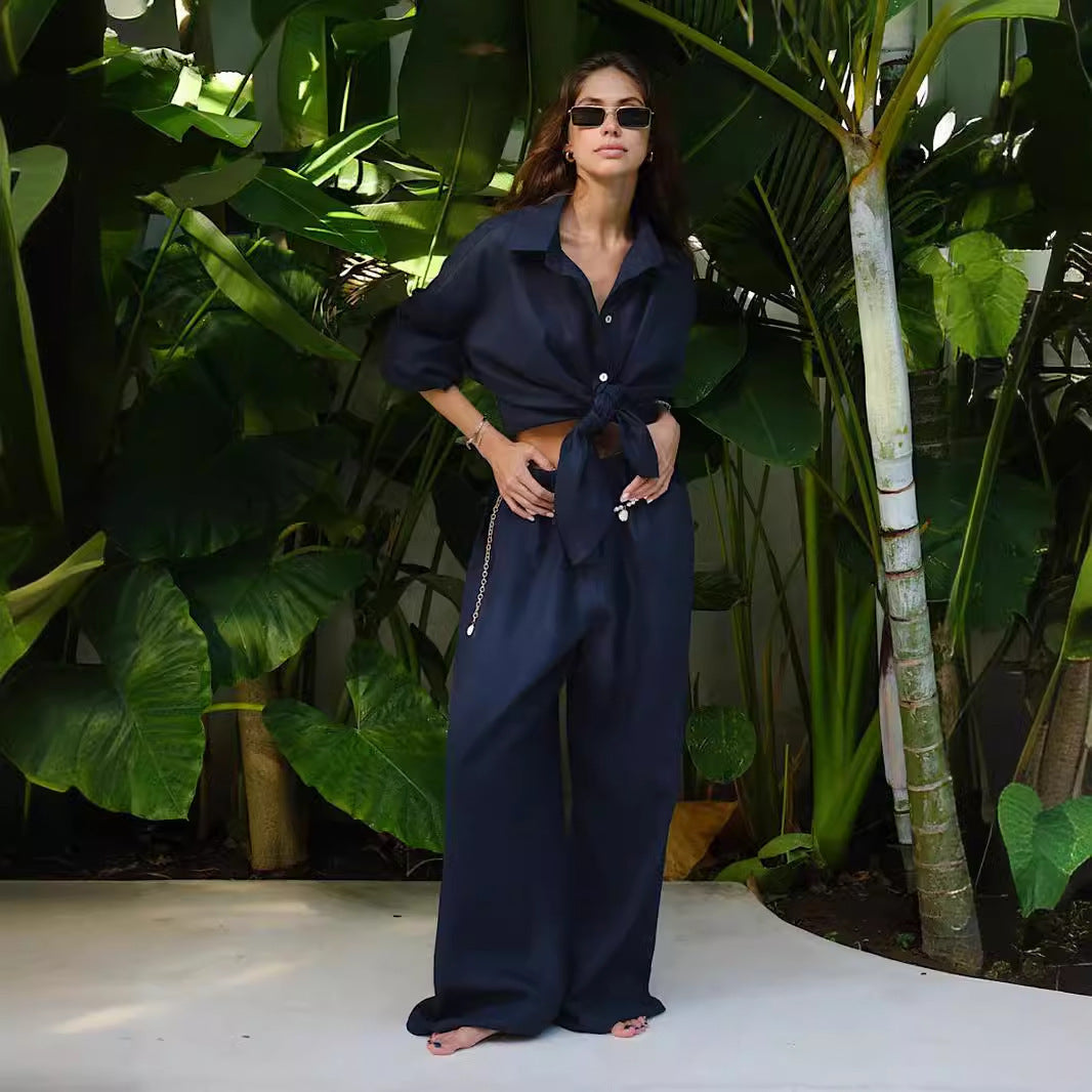 Damen Bequemes Leinen-Loungewear-Ensemble mit weiten Ärmeln und fließender Hose WW