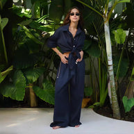 Damen Bequemes Leinen-Loungewear-Ensemble mit weiten Ärmeln und fließender Hose WW