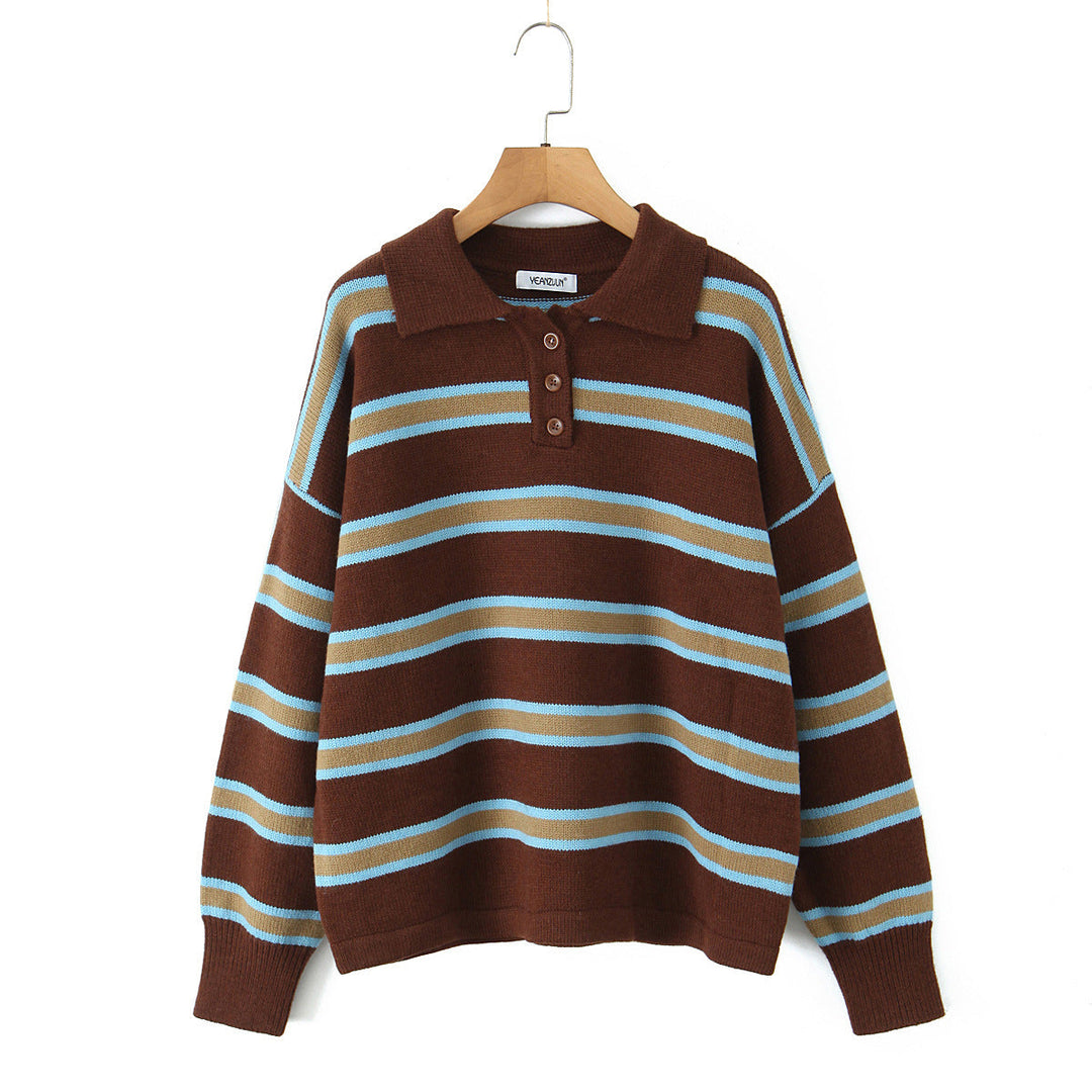 Damen modischer Polo-Pullover mit gestreiftem Design und Knopfleiste W&W Mode