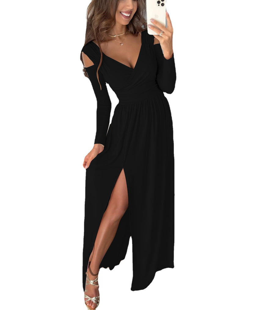 Damen elegantes Wickelkleid mit Cut-Out-Ärmeln und hohem Schlitz WW