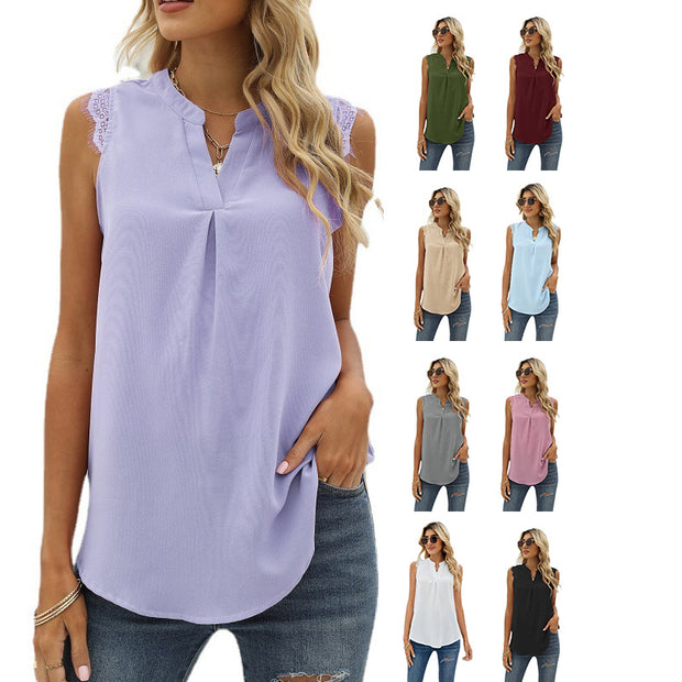 Damen ärmelloses Blusenshirt mit elegantem Spitzeneinsatz und modischen Falten WW