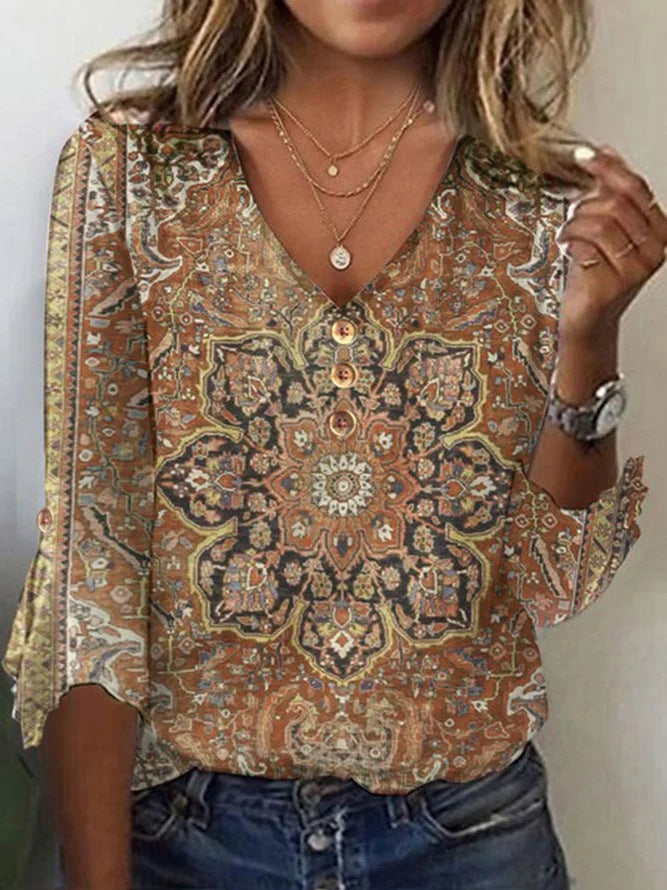 Damen Bohemian bedruckte V-Ausschnitt Bluse mit Knopfdetails WW