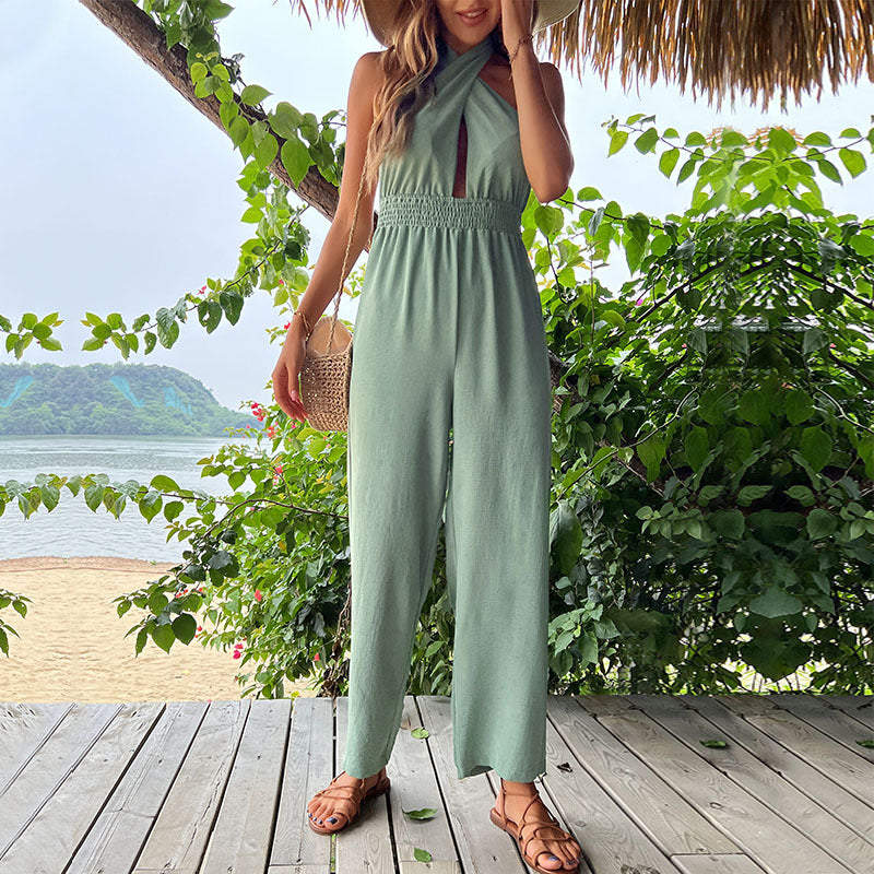 Damen Jumpsuit mit elegantem Kreuz-Ausschnitt und schmeichelndem Gummizug W&W Mode