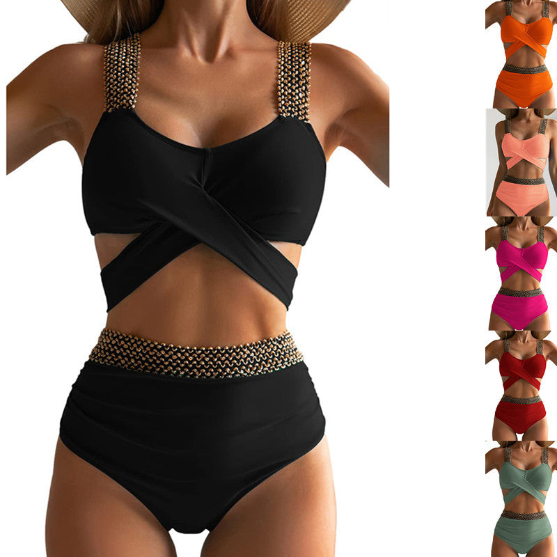Damen Hochgeschnittener Bikini mit verspieltem Knoten-Design und glamourösen Akzenten WW