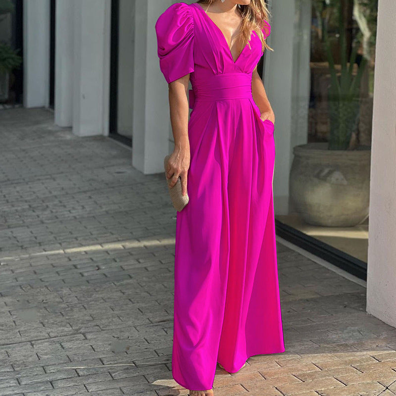 Damen Elegantes Jumpsuit mit voluminösen Puffärmeln und tiefem V-Ausschnitt WW