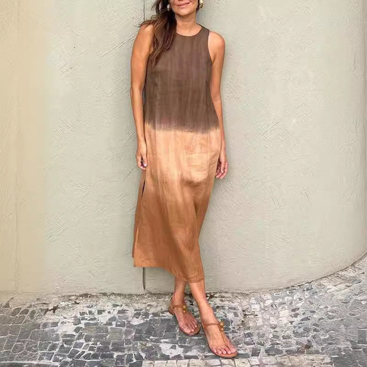 W&W Mode | Baumwolle Leinen Ärmelloses Schlitz Gradient Kleid