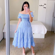 Damen Midi-Kleid mit schulterfreiem Design und verspieltem Schmetterlingsmuster WW