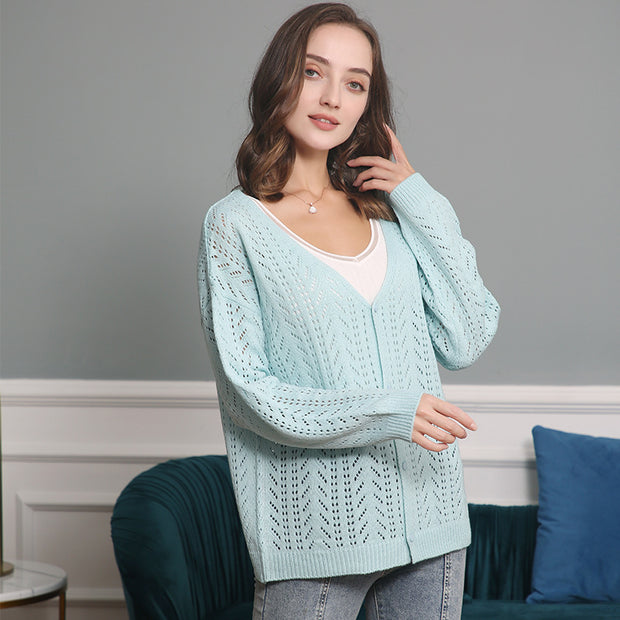 Damen Strickcardigan mit luftiger Lochmusterung und V-Ausschnitt WW