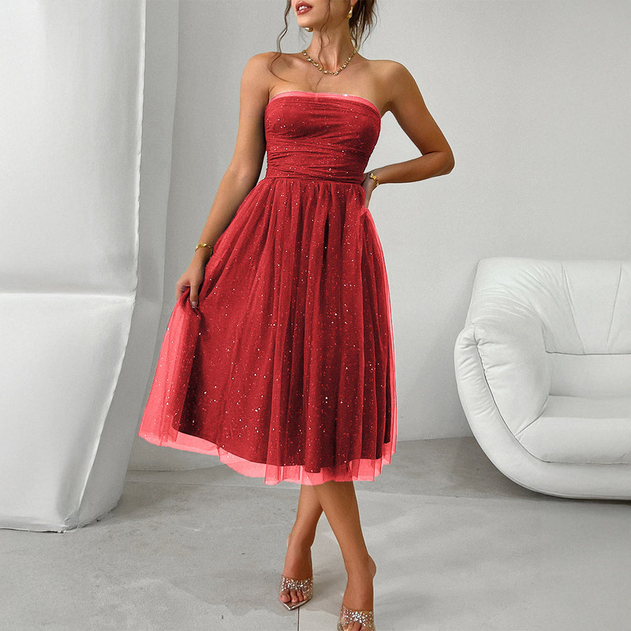 Damen Cocktailkleid mit gerafftem Oberteil und schwingendem Tüllrock WW