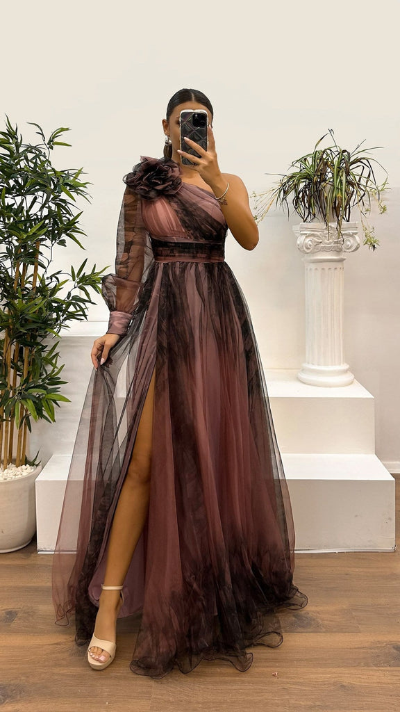 WW | Frühling Herbst Schräg Schulter Mesh Blumenmuster Kleid Lässig Locker Festlich Kleid
