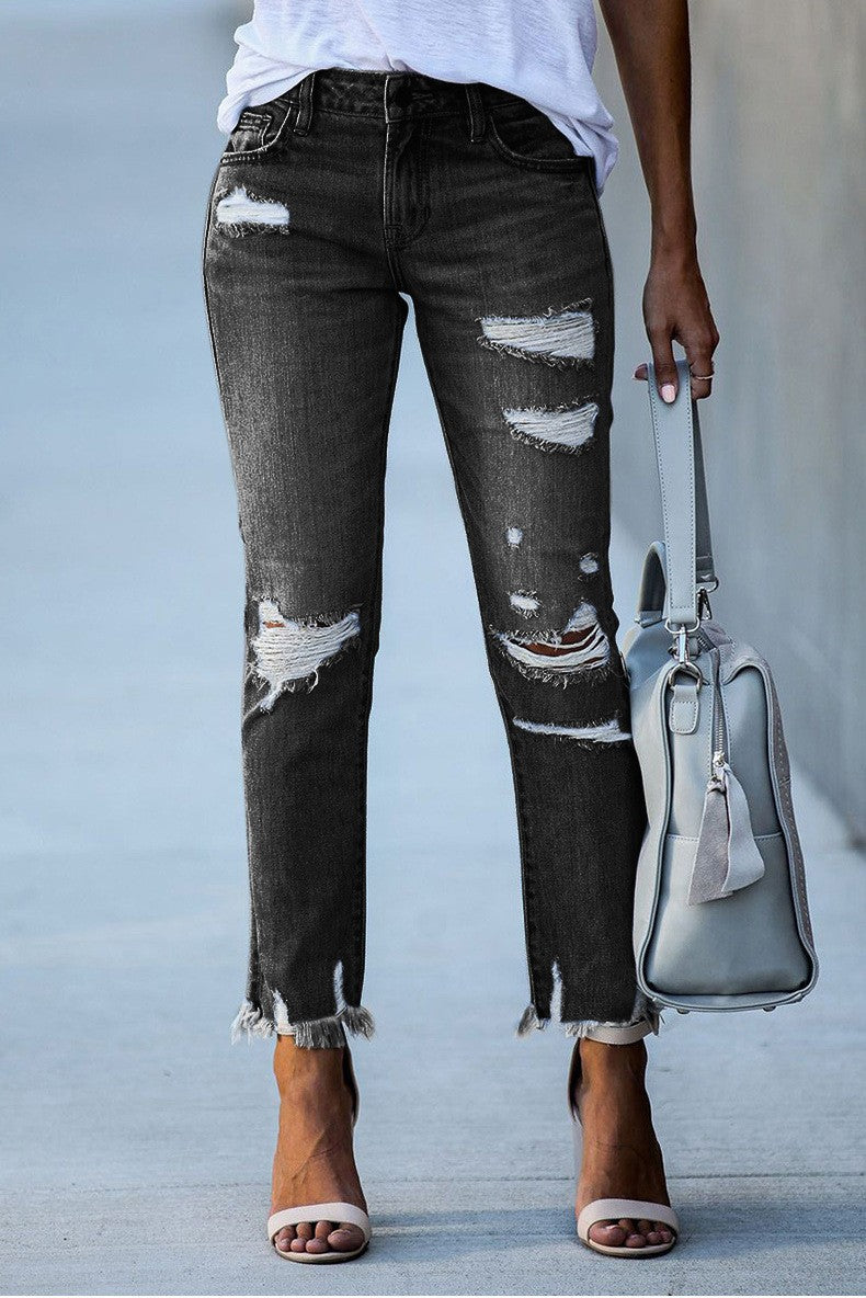 Damen Ripped High-Waist Jeans mit fransigem Saum und modischen Destroyed-Details WW