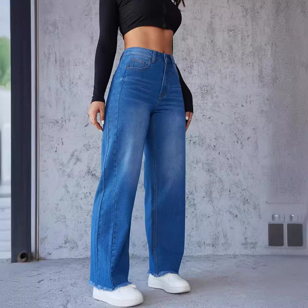 Damen weite High-Waist Jeans mit ausgefranstem Saum WW