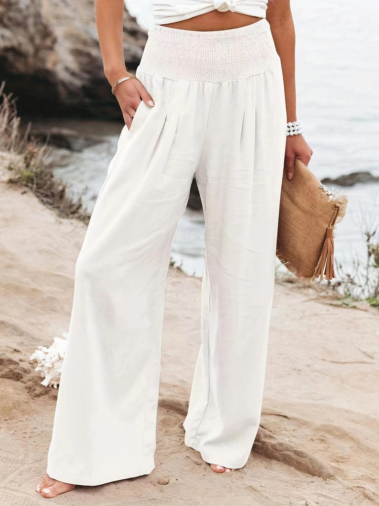 Damen Weite Leinenhose mit elastischem Bund und praktischen Taschen WW