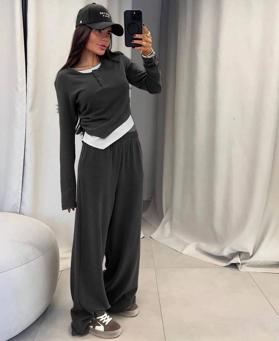 Damen bequeme Lounge-Hose und langärmliges Oberteil-Set WW