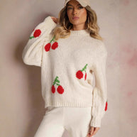 Damen Strickpullover mit fruchtigem Kirschmotiv und lässigem Schnitt WW