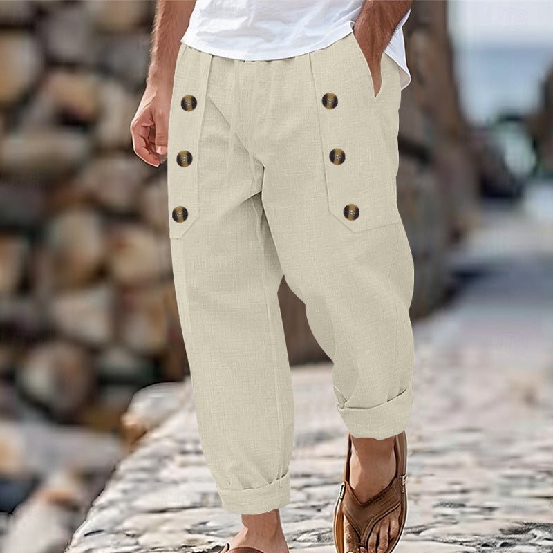 Herren Bequeme Leinenhose mit seitlichen Knöpfen und elastischem Bund W&W Mode