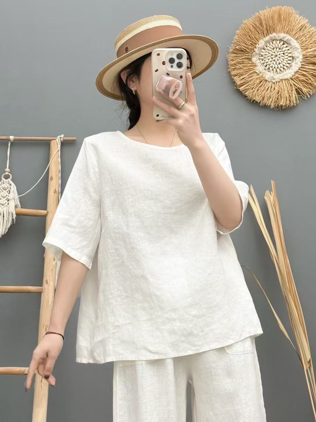 Damen Relaxed Fit Leinen Oversized Top WW