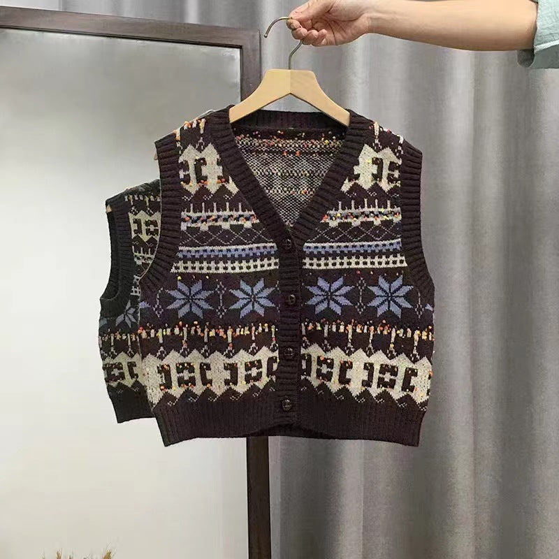 Damen Strickweste mit schickem Norweger-Muster und Knopfverschluss WW