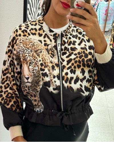 Damen Bomberjacke mit auffälligem Tiermotiv und elastischem Saum WW