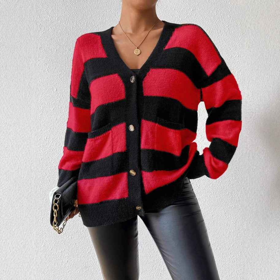 Damen Strickjacke mit trendigem Blockstreifenmuster und weichem Material WW