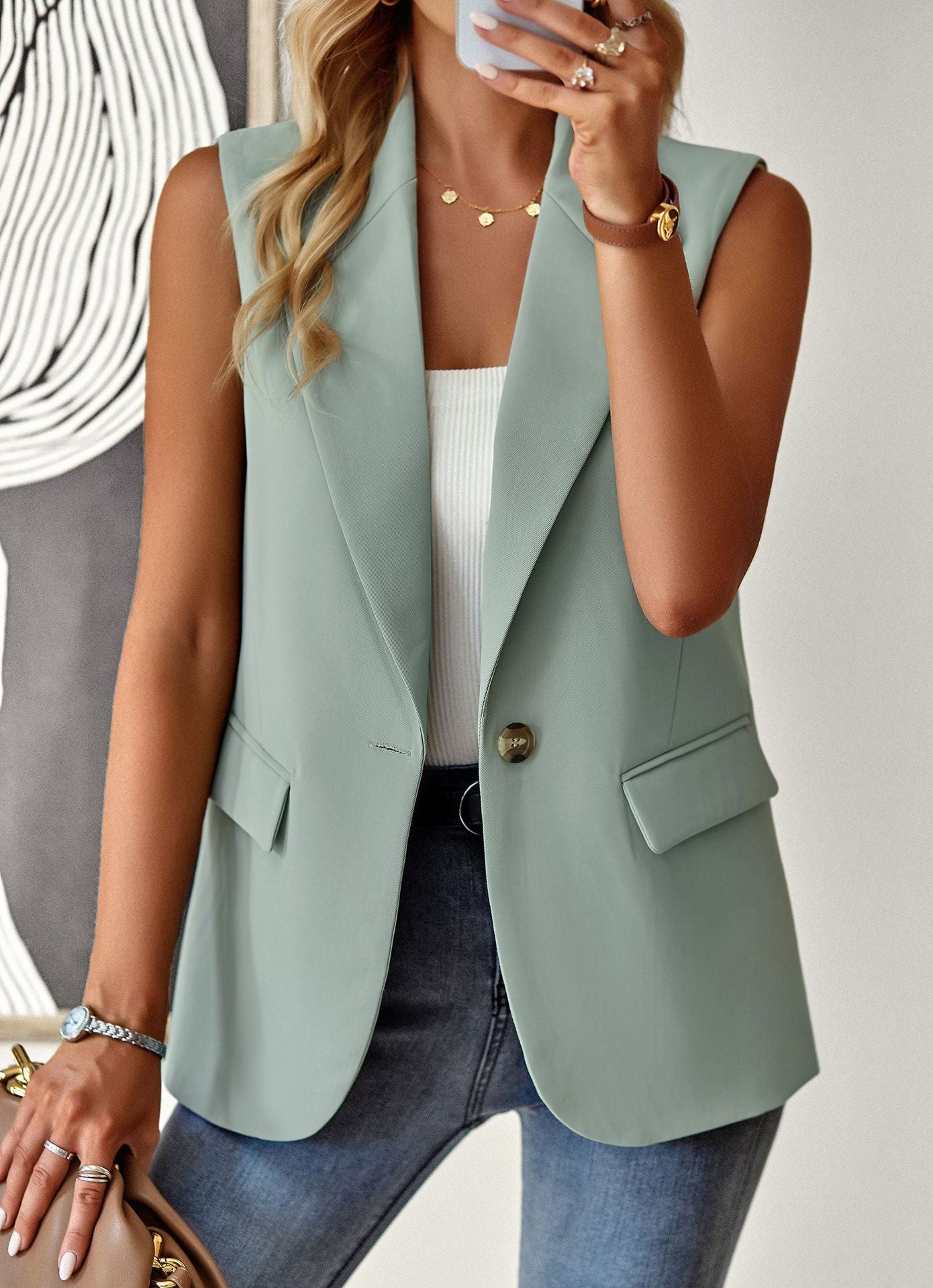 Damen lässiger Blazer ohne Ärmel mit tailliertem Schnitt und eleganten Taschen WW