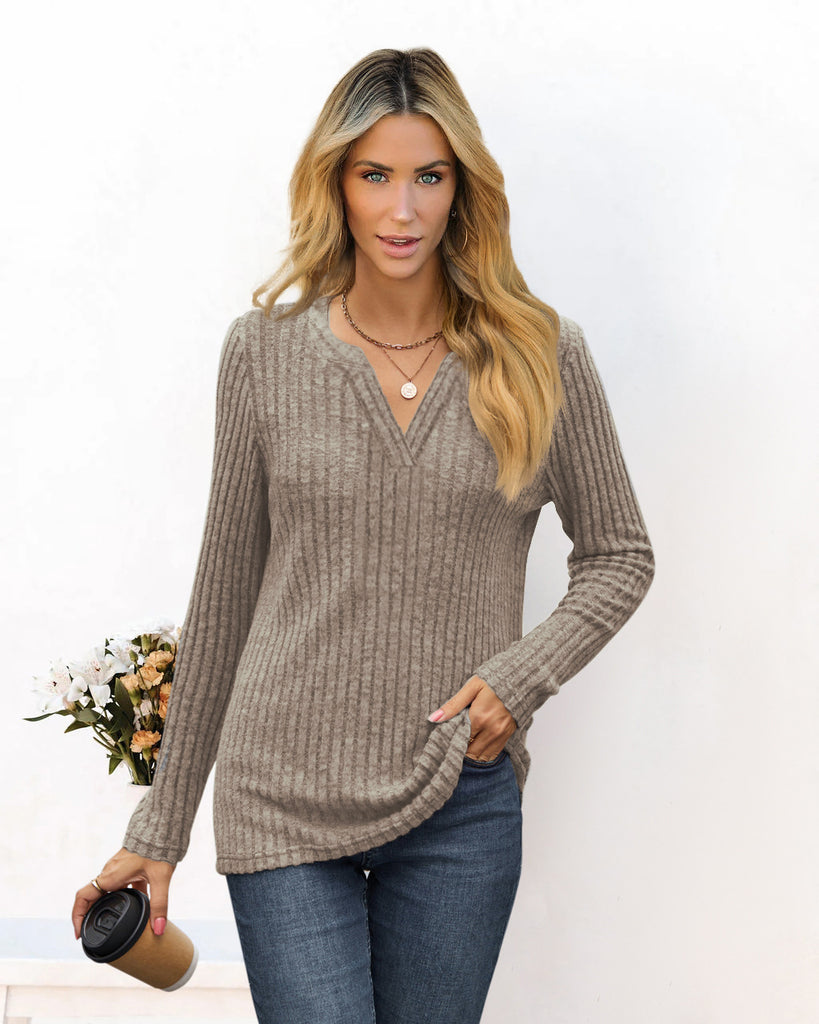 Damen Langarmshirt mit modischem Rippdesign und V-Ausschnitt WW