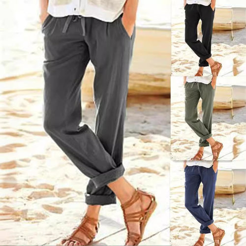 Damen bequeme Leinenhose mit elastischem Bund und seitlichen Taschen WW