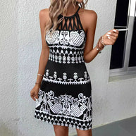 Damen ärmelloses Sommerkleid mit modischem Cut-Out-Design und grafischem Muster WW
