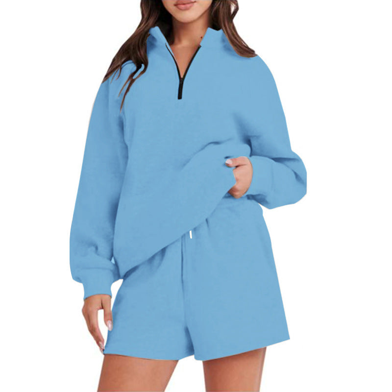 Damen bequemen Freizeit-Sweatanzug mit halbem Reißverschluss und Shorts WW