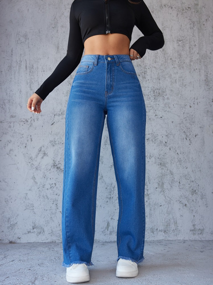 Damen weite High-Waist Jeans mit ausgefranstem Saum WW