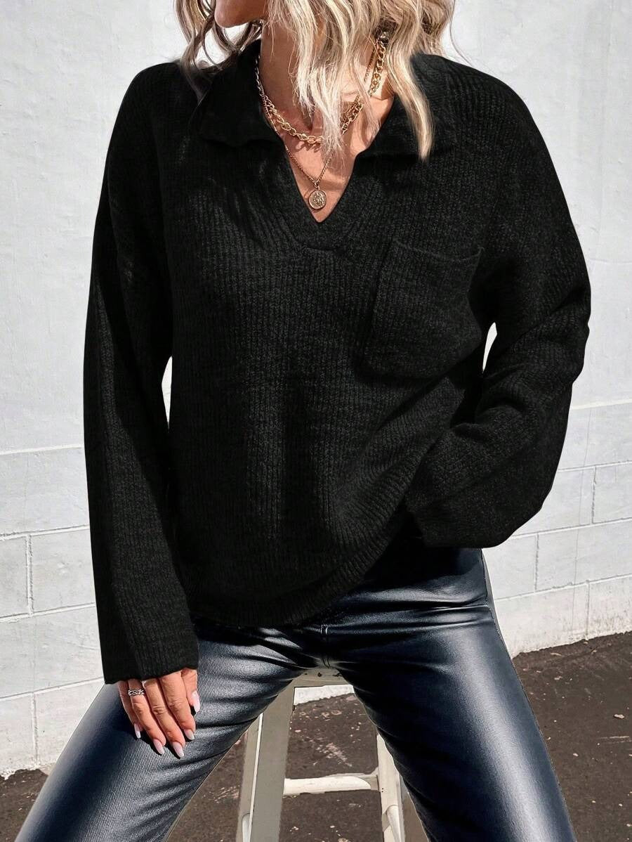 Damen Sportlicher Pullover mit modernem V-Ausschnitt und praktischer Brusttasche WW