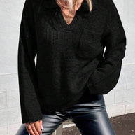 Damen Sportlicher Pullover mit modernem V-Ausschnitt und praktischer Brusttasche WW