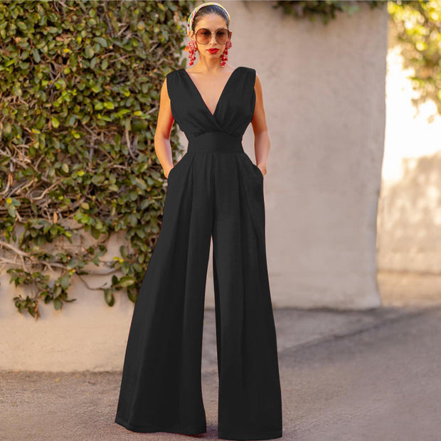 WW | Jumpsuit Hohe Taille Ärmellos Tiefer V-ausschnitt Weite Beinform Elegante Passform