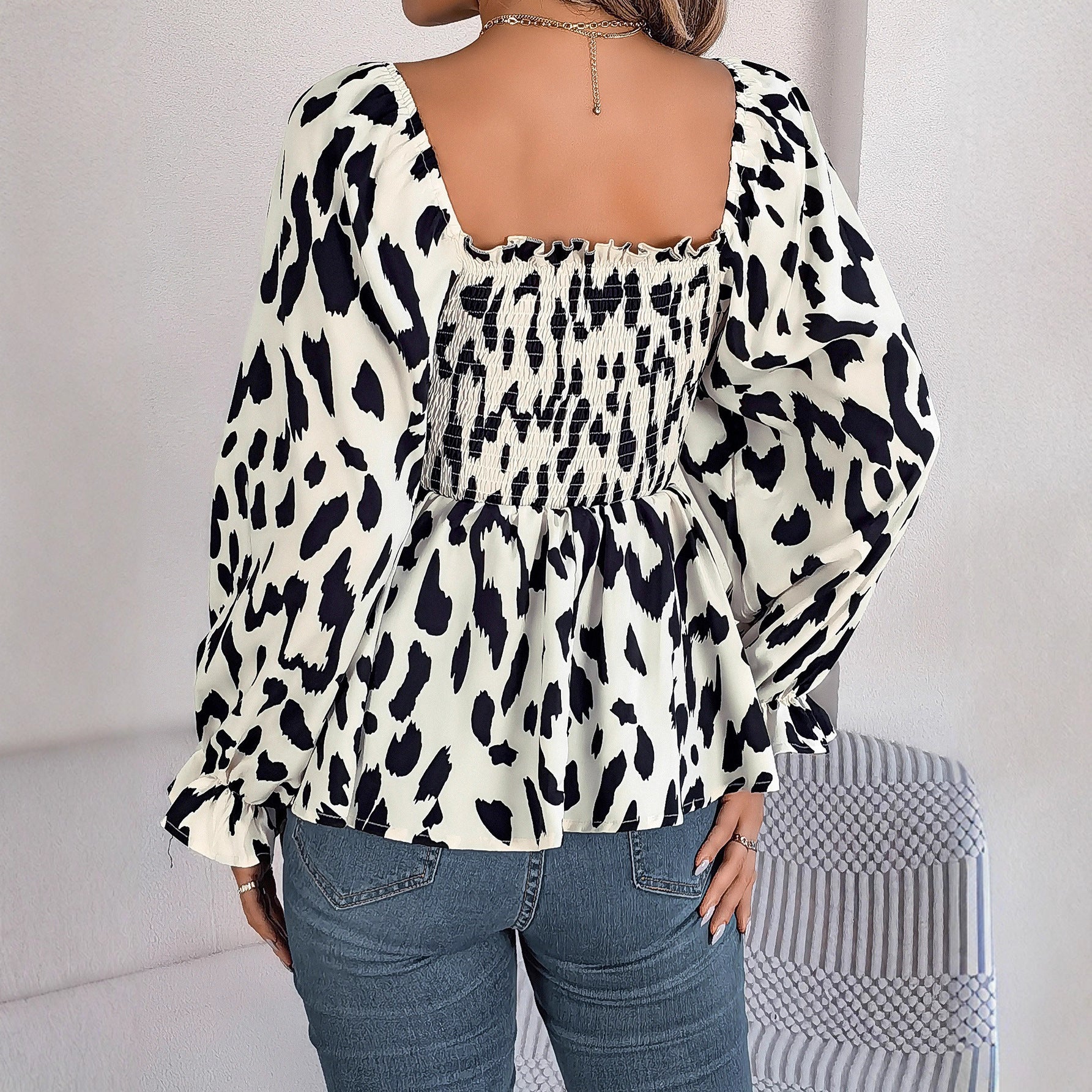 Damen Spitzen Bluse mit Bischofsärmeln und gekräuseltem Oberteil WW