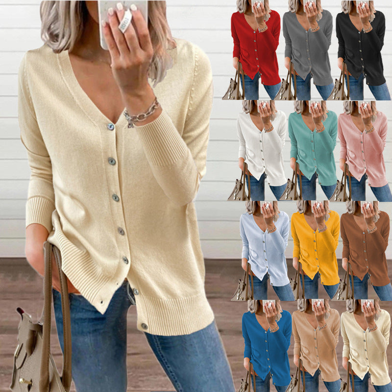 Damen Strickjacke mit modernen Knopfdetails und tiefem V-Ausschnitt WW