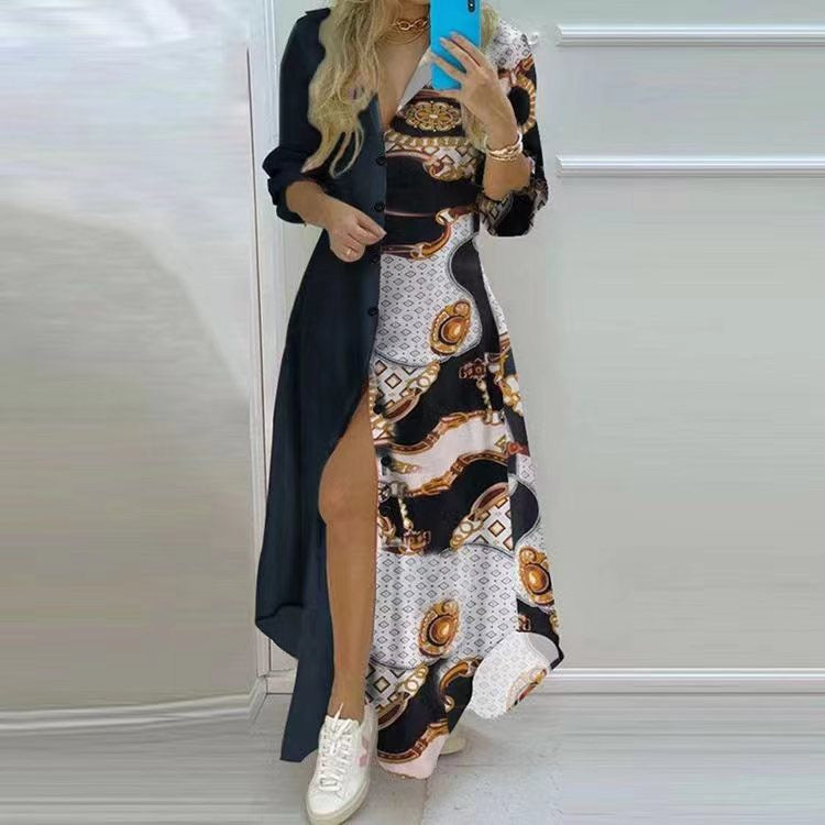 Damen Langarmhemdmaxikleid mit grafischem Muster und seitlichem Schlitz W&W Mode