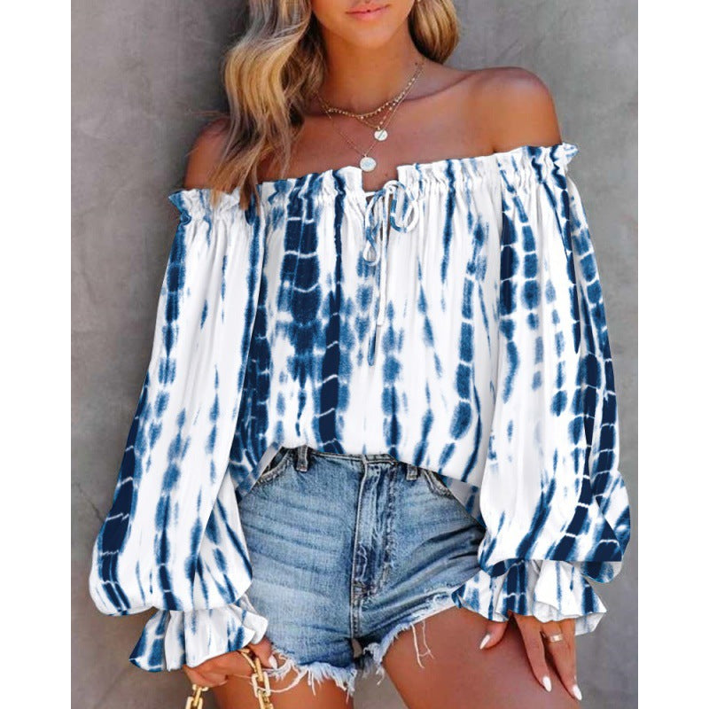 Damen Off-Shoulder Bluse mit buntem Muster und elastischem Saum WW