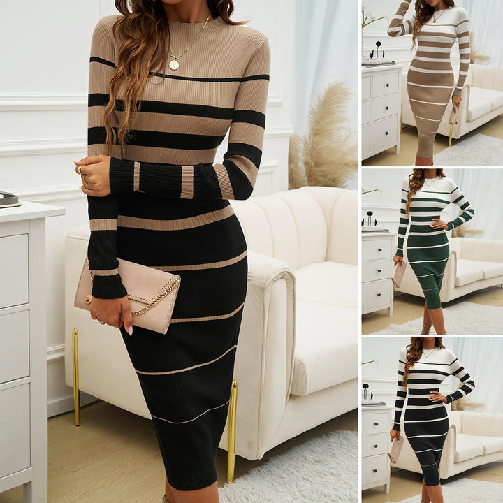 Damen figurbetontes Streifen-Midikleid mit Langarm und Rippstruktur W&W Mode