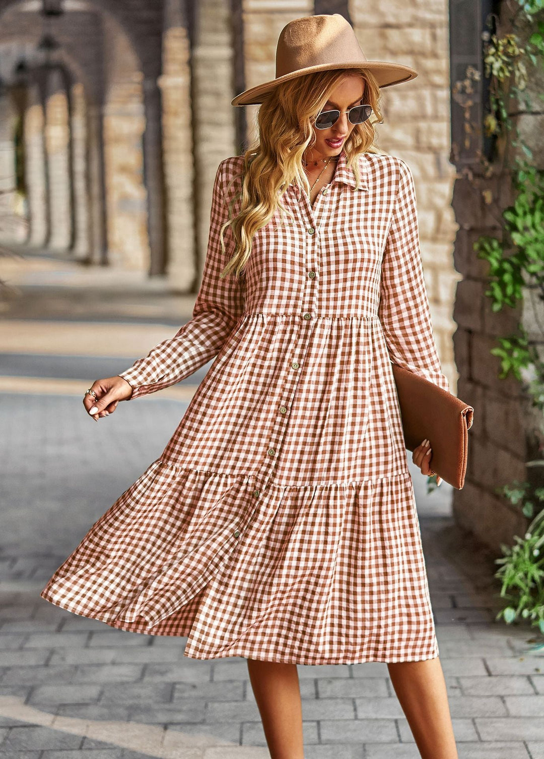 Damen karierte Midi-Bluse mit Knopfleiste und ausgestelltem Rock W&W Mode