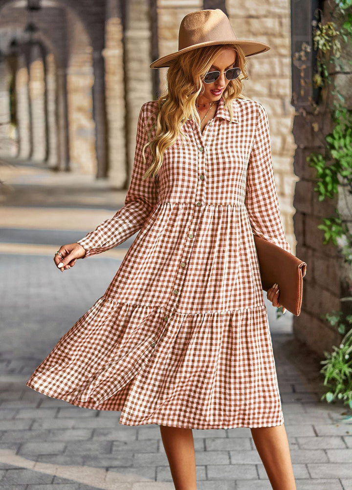 Damen karierte Midi-Bluse mit Knopfleiste und ausgestelltem Rock W&W Mode