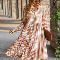 Damen karierte Midi-Bluse mit Knopfleiste und ausgestelltem Rock WW