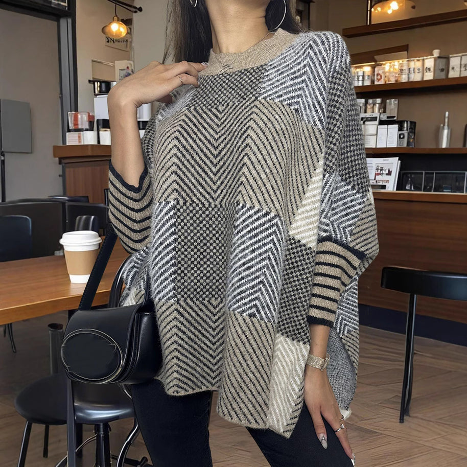 Damen asymmetrischer Strickpullover mit Zickzackmuster WW