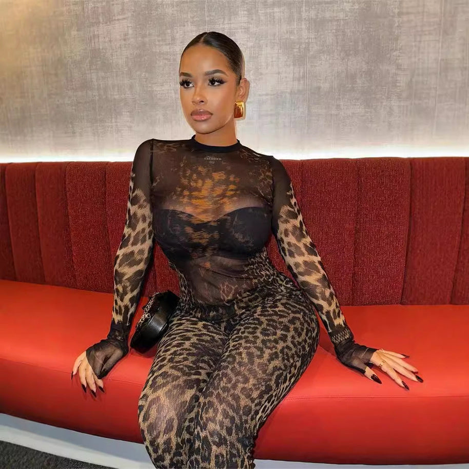 WW | Leopard-Print Langarm-Top und Hosen-Set