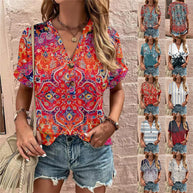 Damen Kurzarm Bluse mit dekorativem Musterdruck und knöpfbarem Ausschnitt WW