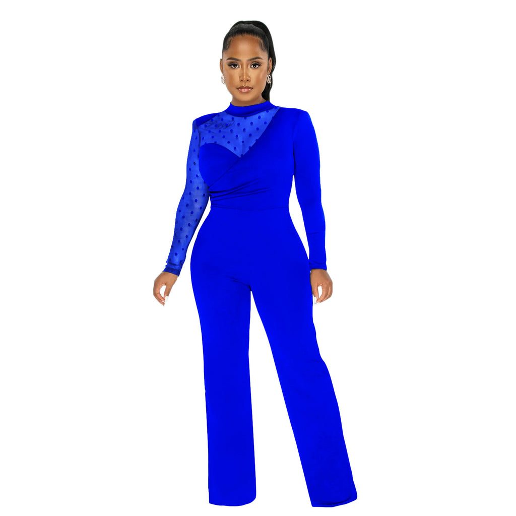 Damen Eleganter Jumpsuit mit transparenten Ärmeln und stilvollem Wickeldesign WW