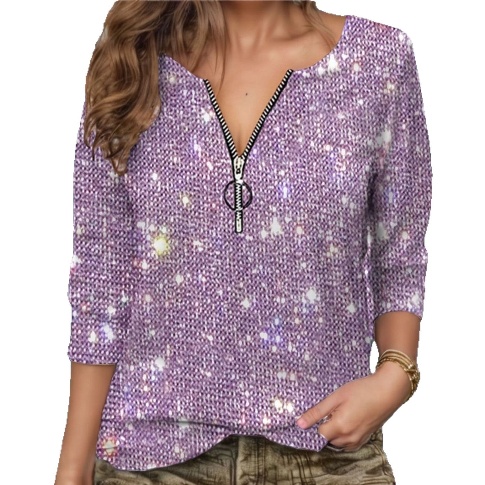Damen Glitzernde Zip-Bluse mit 3/4-Ärmeln WW