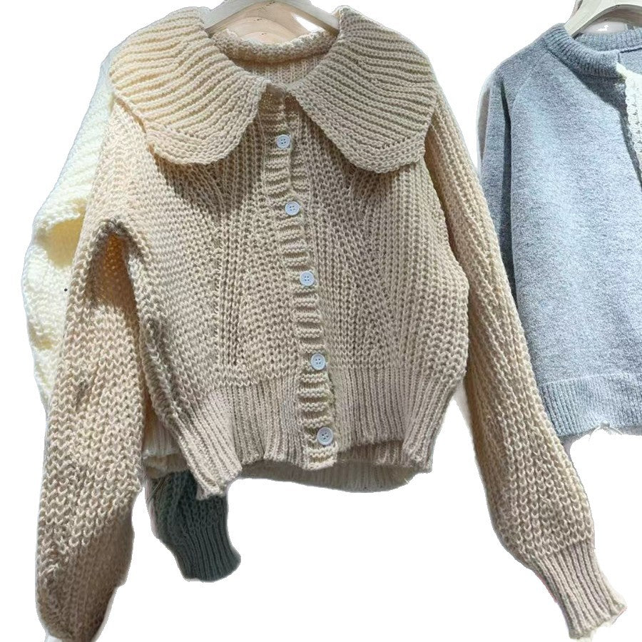 Damen Strickjacke mit großem Kragen und voluminösen Ärmeln WW