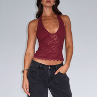 Damen Spitzen-Crop-Top mit tiefem V-Ausschnitt WW